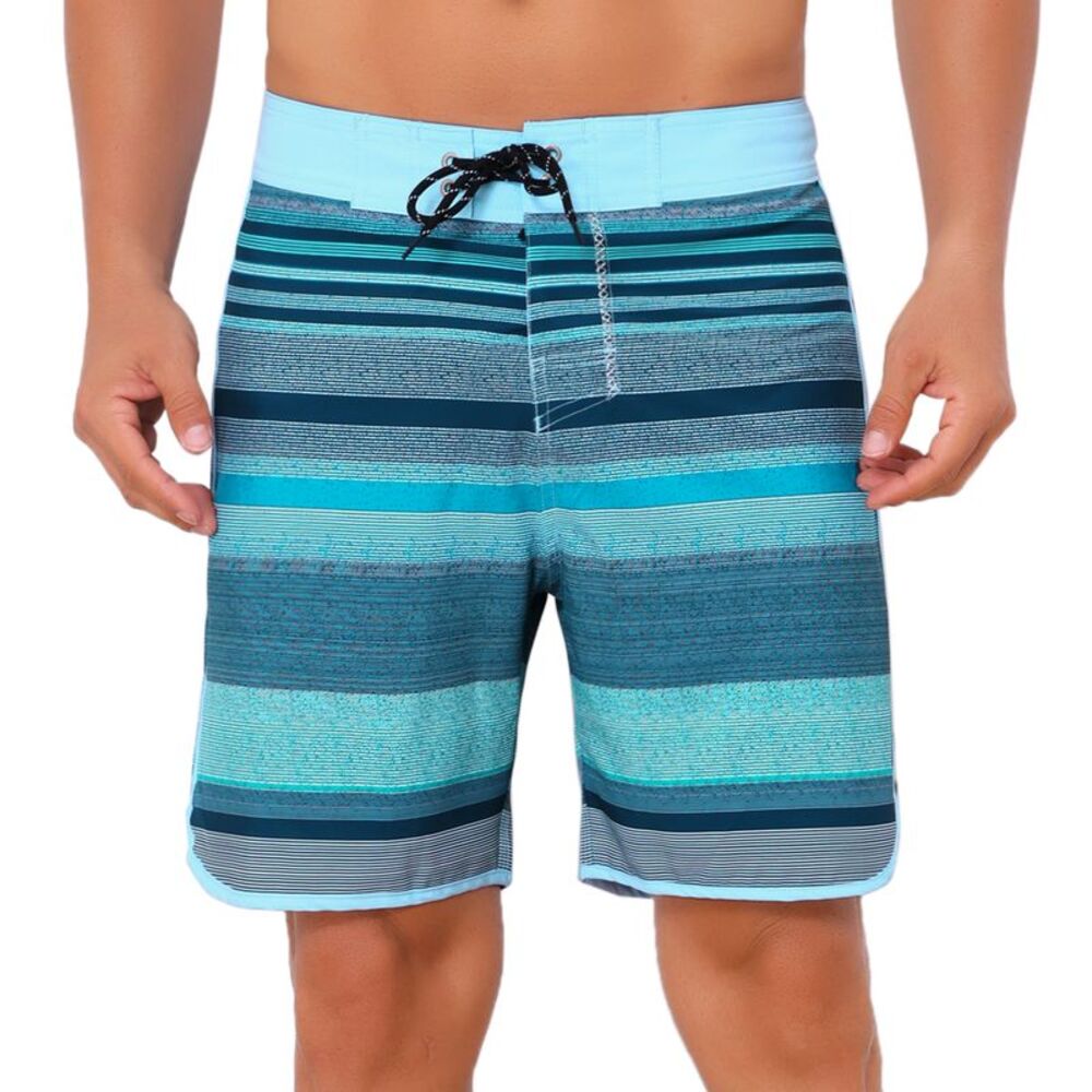 Summer Drawstring Waist Color Block Striped Board Shorts Light Blue